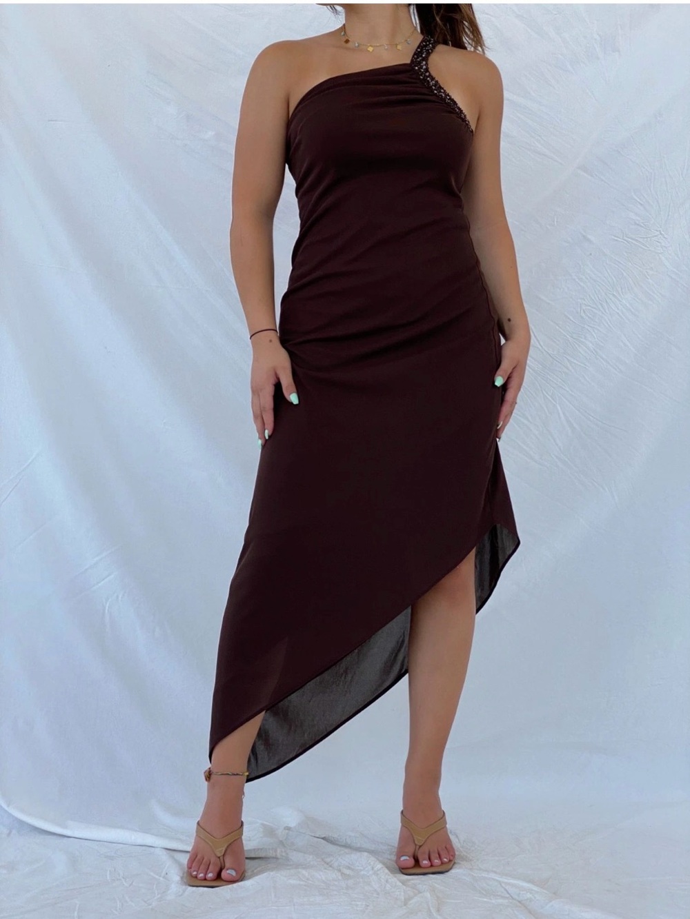 Cache One-Shoulder Chocolate Brown Evening Dress
